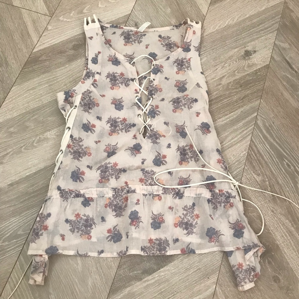Free People Floral Tank Shirt Lace Tie Small
